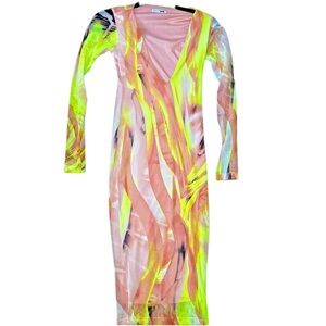 Fashion Nova neon yellow and pink sunset bodycon low v dress